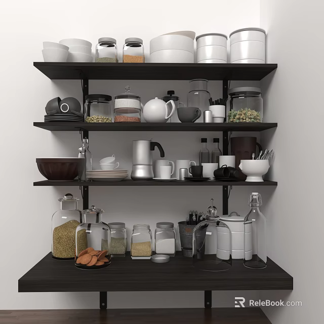 Organized Kitchen Storage Shelves With Glass Jars Ceramic Bowls Coffee Maker And Metal Containers 3d model 