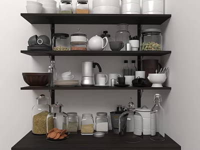 Organized Kitchen Storage Shelves With Glass Jars Ceramic Bowls Coffee Maker And Metal Containers 3d model