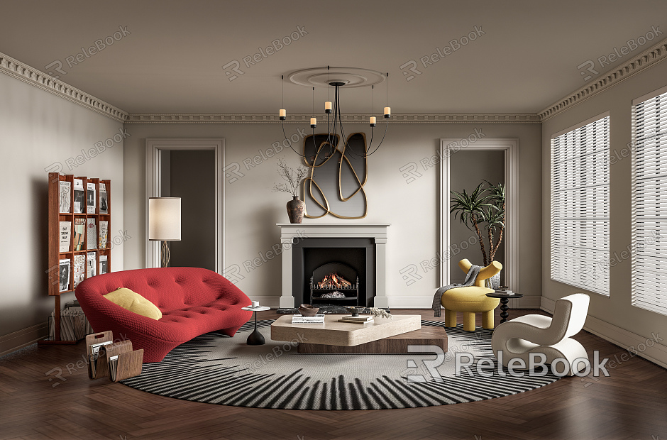 French living room sofa coffee table combination fireplace chandelier gypsum line decorative mirror carpet model