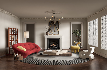 French living room sofa coffee table combination fireplace chandelier gypsum line decorative mirror carpet 3d model