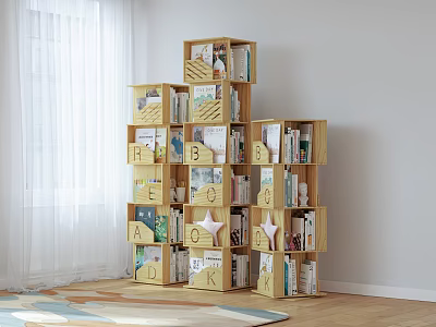 Stylish Wooden Bookcase with Alphabet and Star Decorations filled with Books in Room Corner 3d model