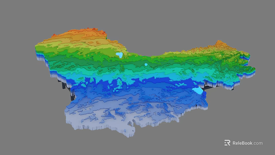 Colorful 3D Topographic Map Showing Elevation Changes With Layered Colors 3d model 
