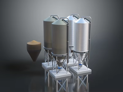 Three Silver Storage Tanks With Brown Conical Object On Metal Platforms 3d model