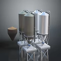 Three Silver Storage Tanks With Brown Conical Object On Metal Platforms
