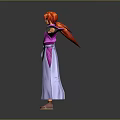 3D Character With Red Hair Wearing Purple Kimono White Sash Arms Outstretched In Gray Gradient Background