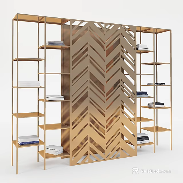 Modern Gold Metal Shelving Unit With Chevron Design And Decorative Books 3d model 
