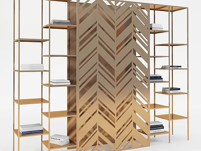 Modern Gold Metal Shelving Unit With Chevron Design And Decorative Books 3d model