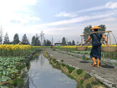 Traditional Garden Landscape With Stream Stone Path Lush Green Plants And Yellow Flower Fields 3d model