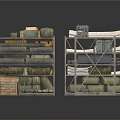 Multiple Industrial Storage Shelves Stocked With Wooden Crates And Fabric Packages