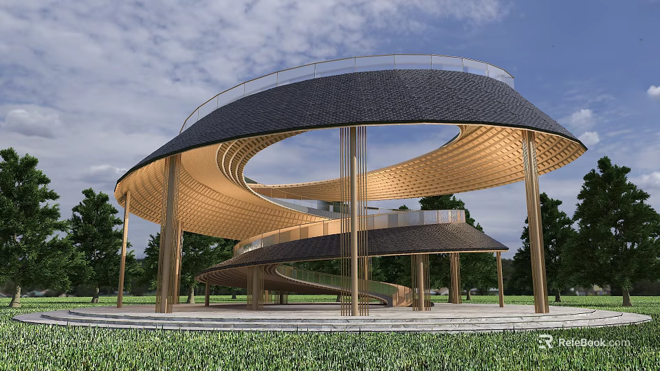Spiral Pergola With Curved Wooden Roof And Transparent Railings In Outdoor Green Space 3d model 