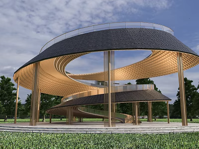 Spiral Pergola With Curved Wooden Roof And Transparent Railings In Outdoor Green Space 3d model