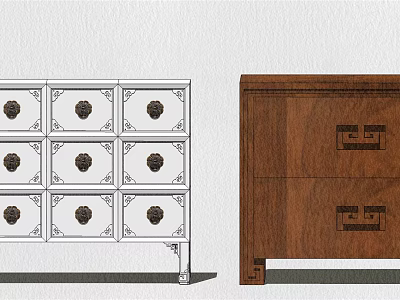 White And Brown Wooden Dressers With Decorative Handles And Drawer Designs 3d model