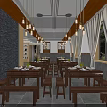 Chinese Style Restaurant Interior With Wooden Structure Chandeliers And Dining Tables