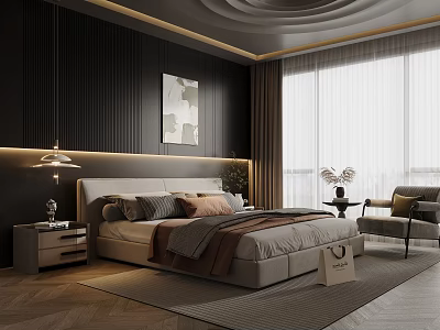 Modern Bedroom Interior Design With King Bed Nightstand Lamp And Decorative Art 3d model