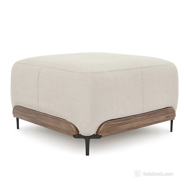 Modern Beige Fabric Ottoman Featuring Wooden Base And Black Metal Legs 3d model 