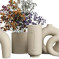 Beige Vases With Various Shapes And Dried Flower Arrangement For Home Decor