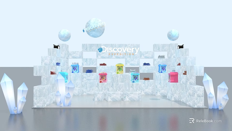 Ice Sculpture Style Display Shelves for Discovery Exhibition with Colorful Product Boxes and Transparent Spheres 3d model 