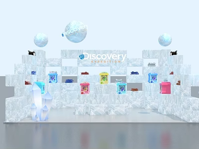 Ice Sculpture Style Display Shelves for Discovery Exhibition with Colorful Product Boxes and Transparent Spheres 3d model