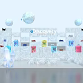 Ice Sculpture Style Display Shelves for Discovery Exhibition with Colorful Product Boxes and Transparent Spheres