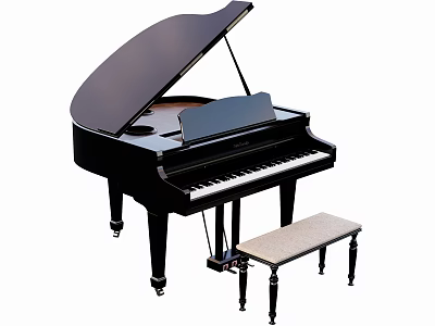 Elegant Black Grand Piano With Open Lid And Wooden Stool Musical Instrument 3d model