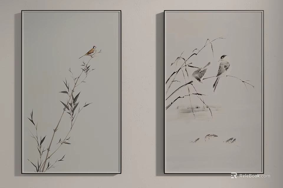Framed Traditional Chinese Ink Paintings With Birds And Bamboo Wall Art 3d model 