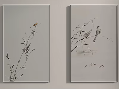 Framed Traditional Chinese Ink Paintings With Birds And Bamboo Wall Art 3d model