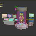 Glasses Wearing Operator on Circular Platform with Display Shelves Control Consoles and Monitors