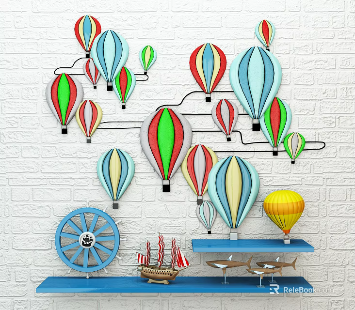 Colorful Hot Air Balloon Wall Decor On White Brick Wall With Decorative Elements 3d model