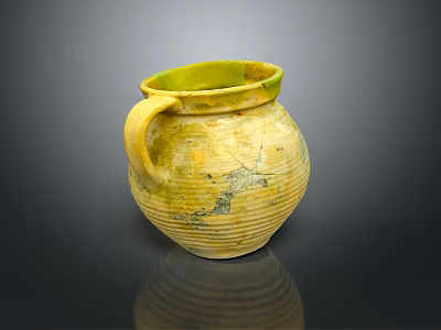 Yellow Earthenware Jar With Green Rim Ribbed Surface And Handle 3d model