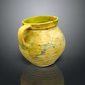 Yellow Earthenware Jar With Green Rim Ribbed Surface And Handle 3d model