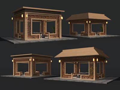 Wooden Pavilions With Carved Design Roofs Windows Lights And Tables Chairs 3d model