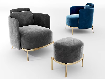 Modern Gray And Blue Velvet Single Sofas With Gold Legs And Matching Ottoman 3d model