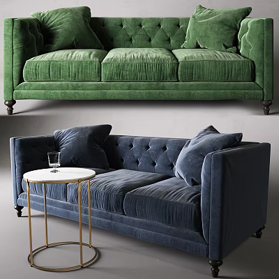 Green and Blue Velvet Three Seater Sofa with Tufted Pillows and Gold Legs Side Table 3d model