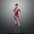 Woman Posing in Red Floral Qipao with Hand on Waist and Neck Against Gray Background