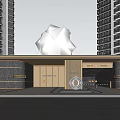 Modern High Rise Building Entrance With Circular Decorative Feature And Lush Tree