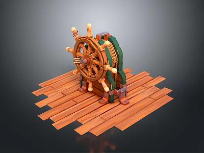 Nautical Watercraft Ship's Wheel Decorative Model On Wooden Planks With Green Accents 3d model