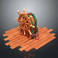 Nautical Watercraft Ship's Wheel Decorative Model On Wooden Planks With Green Accents