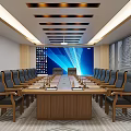 Modern Conference Room With Long Wooden Table Black Chairs Recessed Lighting Large Windows Geometric Carpet