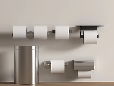 Sleek Bathroom Accessories With Wall Mounted Toilet Paper Holders And Modern Trash Can Design 3d model