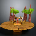 Sci Fi Scene Featuring Circular Wooden Platform Alien Red Tree Trunks Green Foliage And Character 3d model