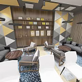 Spacious Conference Room With White Chairs Geometric Wall Design And Ceiling Panels
