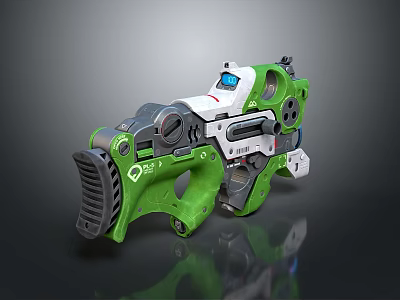 High Tech Green And White Futuristic Weapon With Blue Screen And Mechanical Grip 3d model