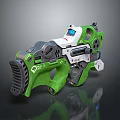 High Tech Green And White Futuristic Weapon With Blue Screen And Mechanical Grip