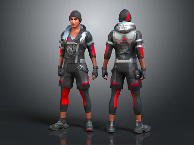 3D Character Design With Red Black Hooded Armor Front And Back Views 3d model