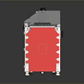 Red Industrial Machine With Transparent Protective Cover Metal Frame And Mobile Wheels