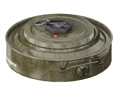 Green Circular Military Mine With Red Button And Fuse Component On Surface 3d model
