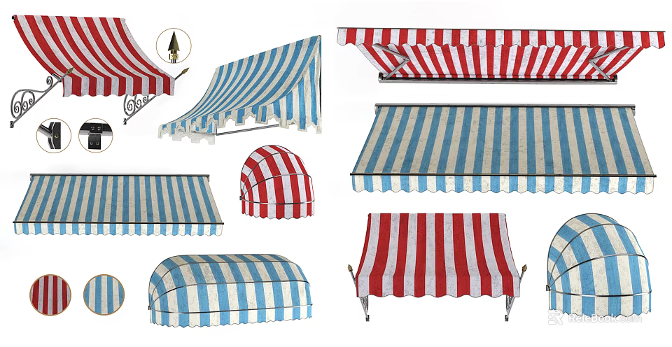 Colorful Red White Blue Striped Awnings With Various Outdoor Styles And Designs 3d model 
