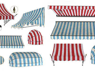 Colorful Red White Blue Striped Awnings With Various Outdoor Styles And Designs 3d model