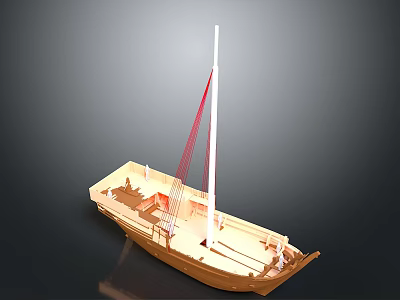 Wooden Model Boat With Open Deck White Mast Red Sail And Brown Hull 3d model