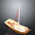 Wooden Model Boat With Open Deck White Mast Red Sail And Brown Hull